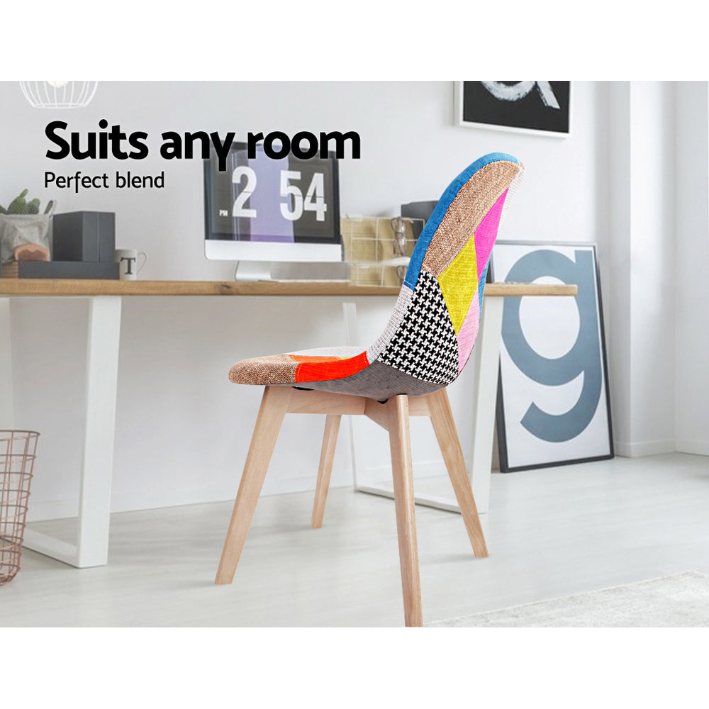 Elite Living Set of 2 Retro Beech Fabric Dining Chair - Multi Colour