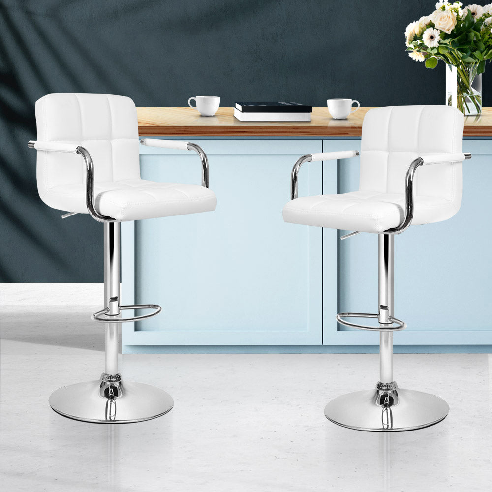 Artiss 2x Bar Stools Leather Gas Lift w/Armrest White