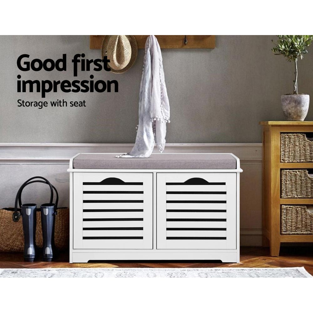 Artiss Fabric Shoe Bench with Drawers - White & Grey