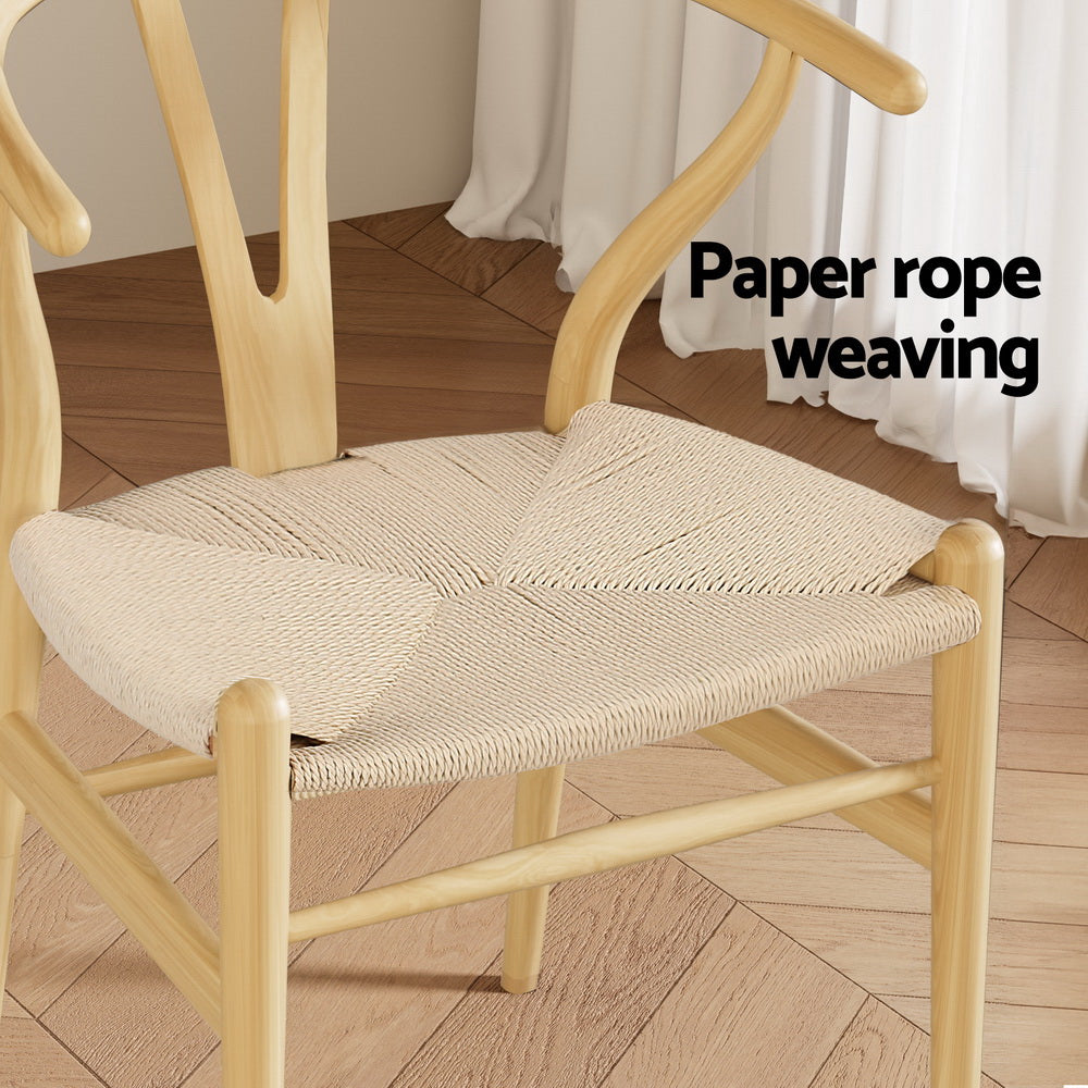 1 Set of 4 Artiss Dining Chairs Wooden Rattan Seat Wishbone Back