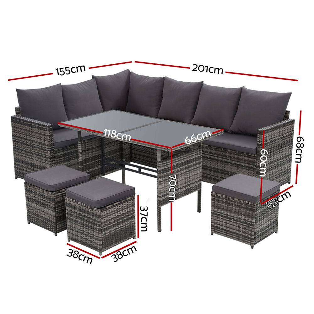 9 Seater Outdoor Furniture Dining Setting Sofa Set Lounge Wicker Mixed Grey