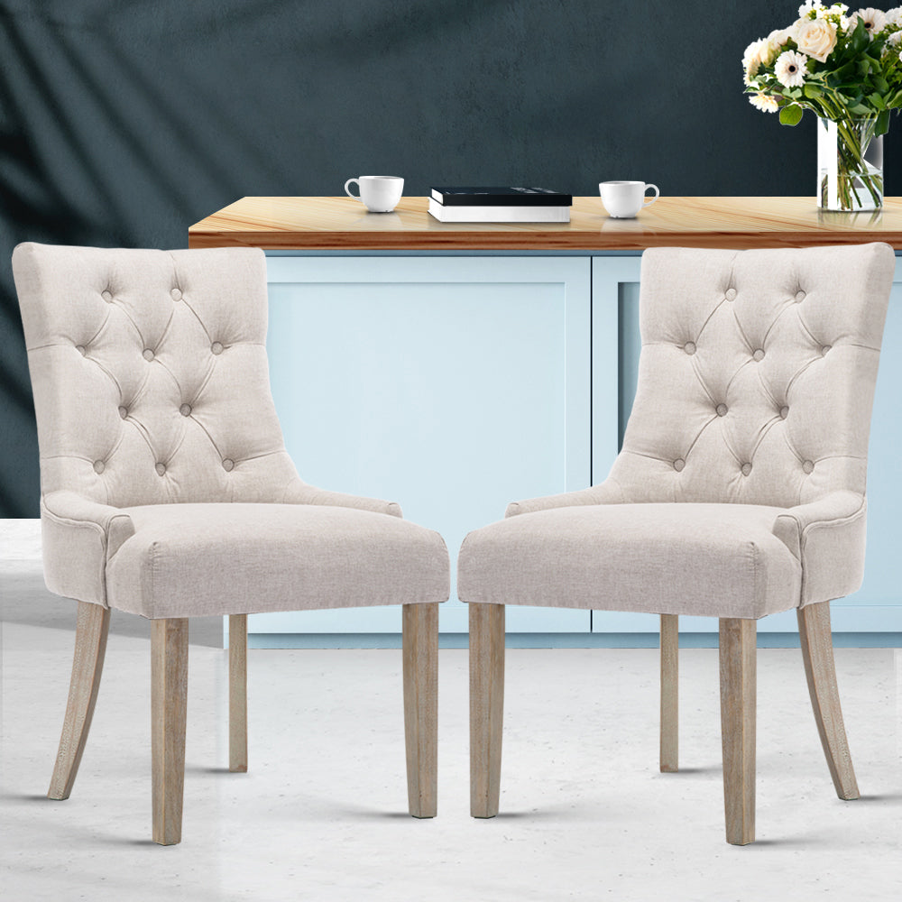 Elite Living Set of 2 Dining Chair Beige CAYES French Provincial  Wooden Fabric Retro Cafe