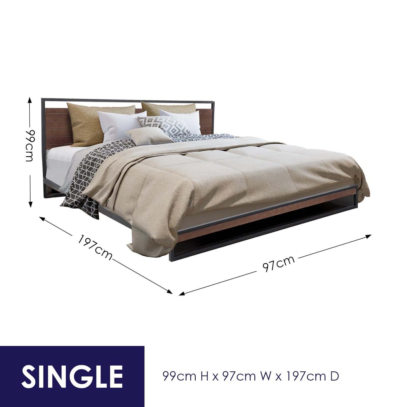 Single Size Decor Azure Bed Frame With Headboard Black Wood Steel Platform Bed - Black