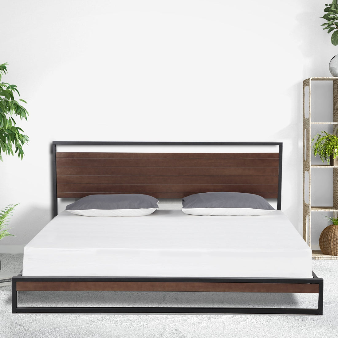Single Size Decor Azure Bed Frame With Headboard Black Wood Steel Platform Bed - Black