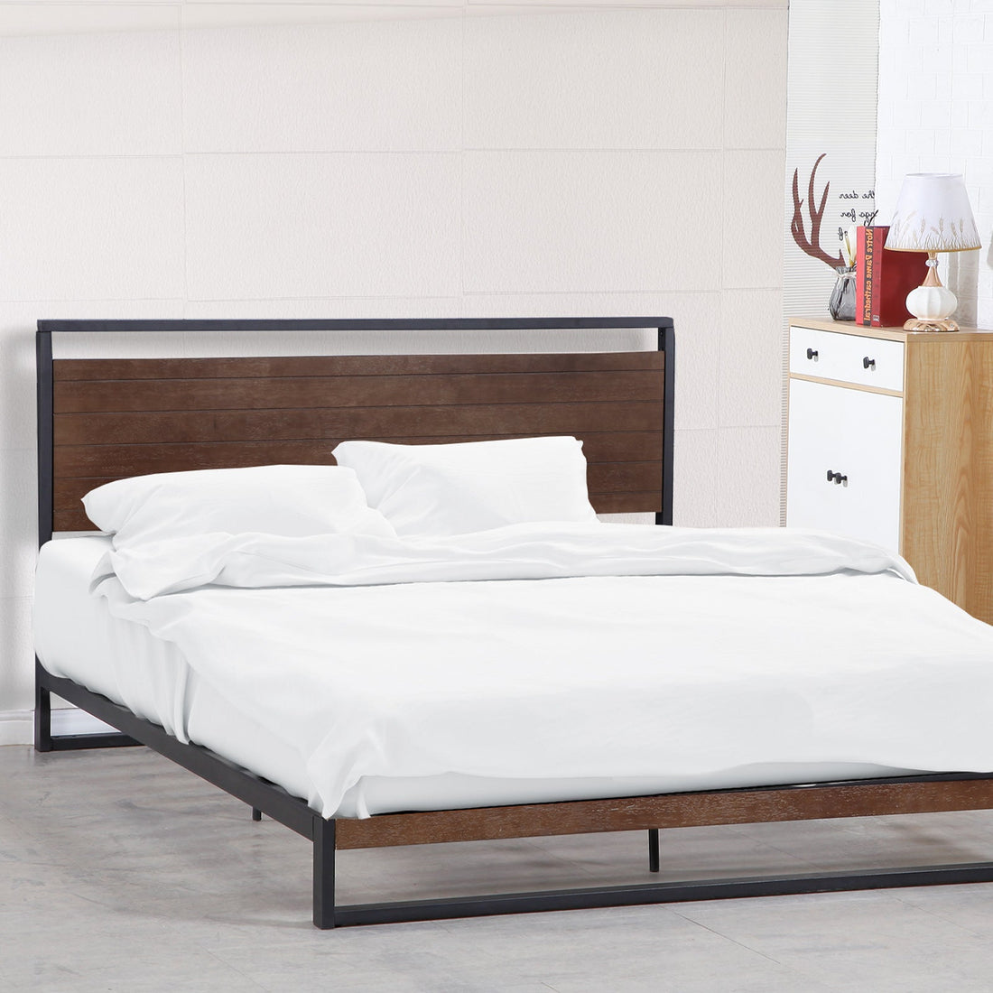 Single Size Decor Azure Bed Frame With Headboard Black Wood Steel Platform Bed - Black