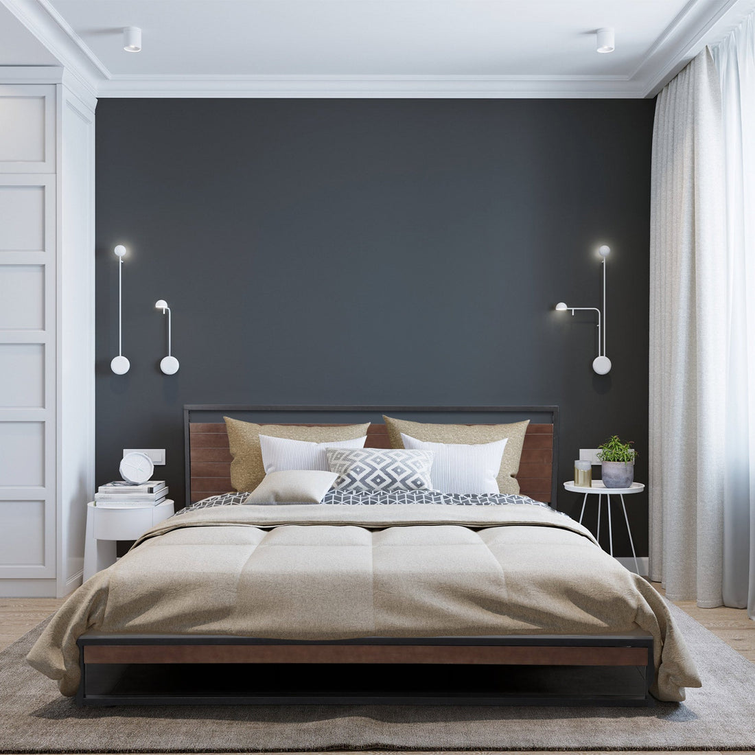 Single Size Decor Azure Bed Frame With Headboard Black Wood Steel Platform Bed - Black