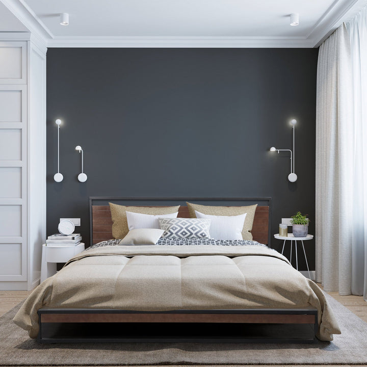 Single Size Decor Azure Bed Frame With Headboard Black Wood Steel Platform Bed - Black