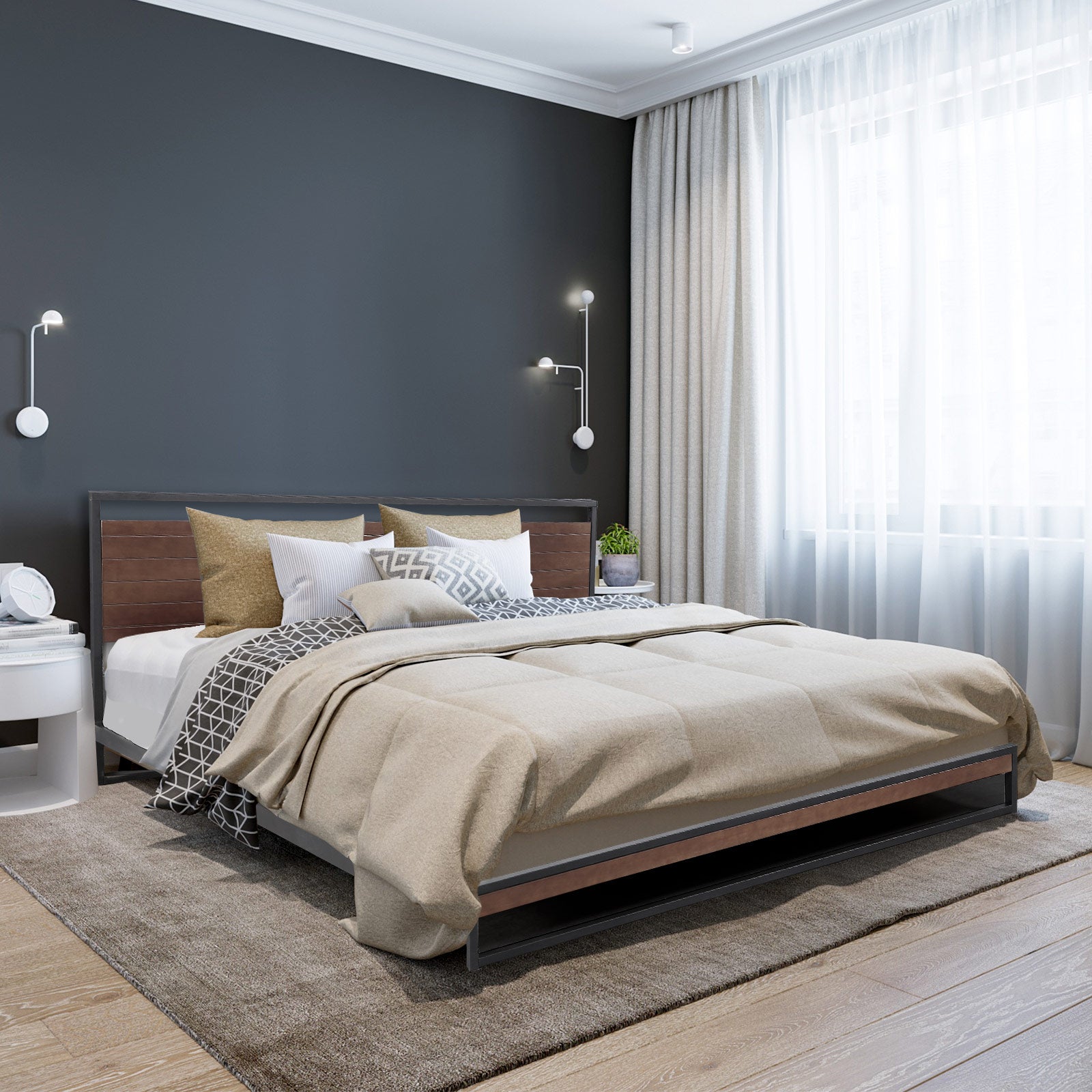 Single Size Decor Azure Bed Frame With Headboard Black Wood Steel Platform Bed - Black