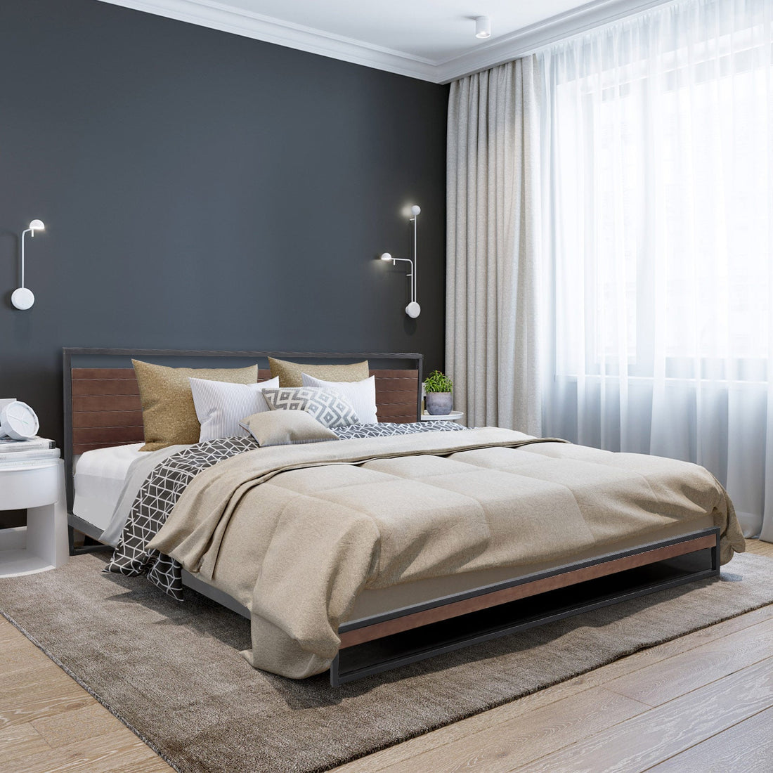 Single Size Decor Azure Bed Frame With Headboard Black Wood Steel Platform Bed - Black