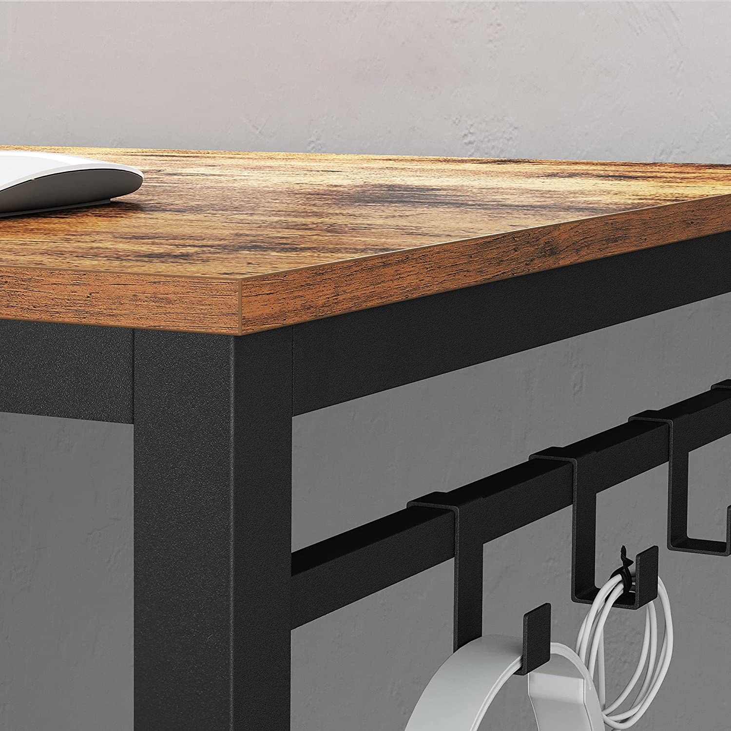 Home Office Desk with 8 Hooks 140 x 60 x 75 cm Rustic Brown and Black