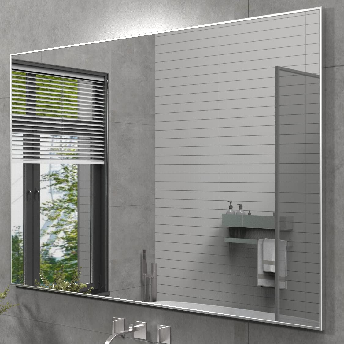 Silver Wall-Mounted Mirror to Hang Horizontal or Vertical for Bedroom and Bathroom