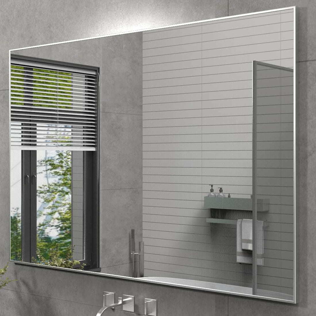 Silver Wall-Mounted Mirror to Hang Horizontal or Vertical for Bedroom and Bathroom