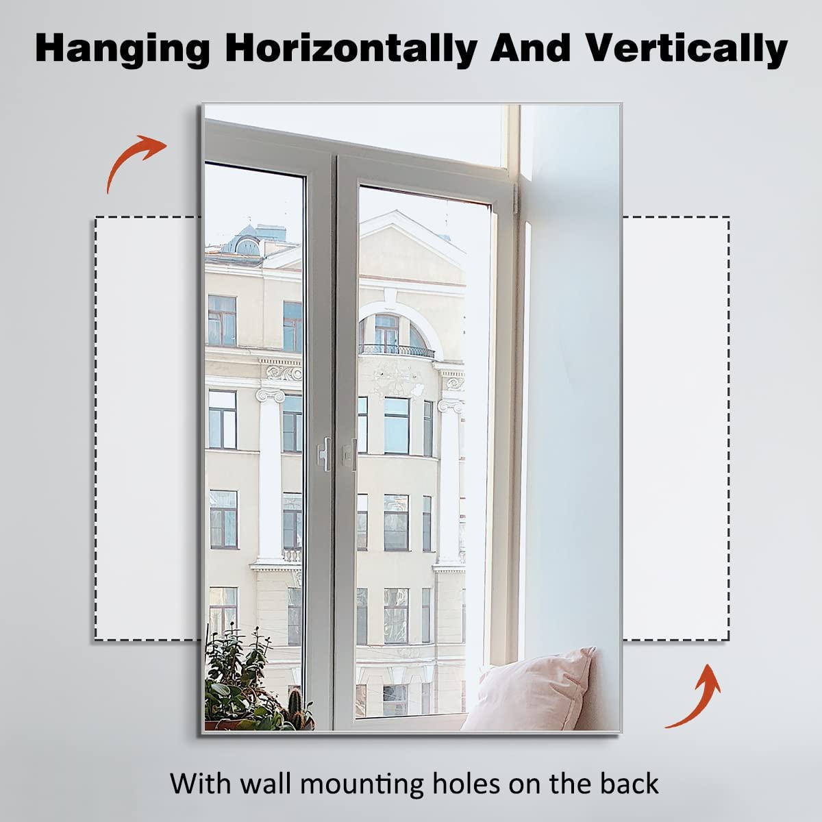Silver Wall-Mounted Mirror to Hang Horizontal or Vertical for Bedroom and Bathroom