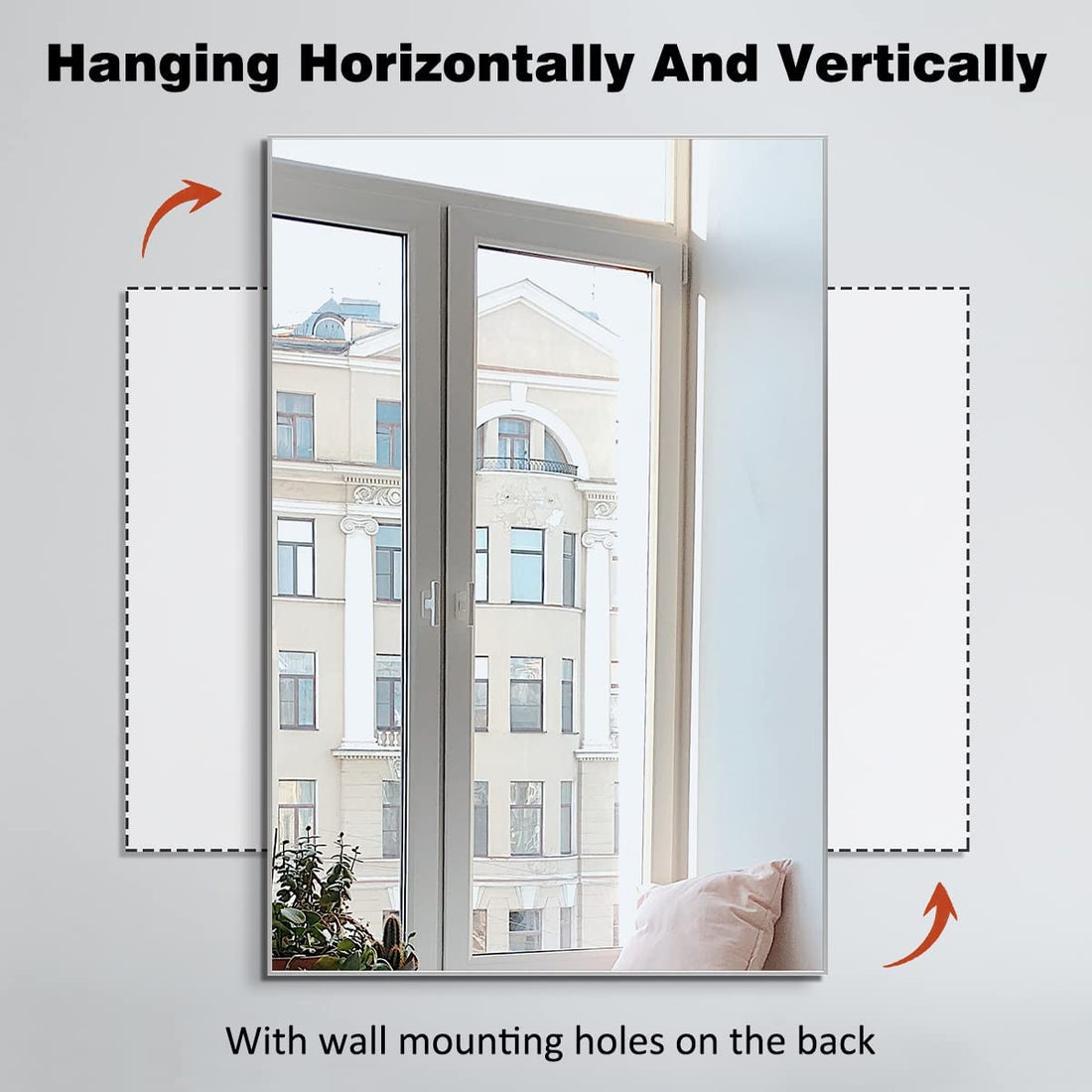 Silver Wall-Mounted Mirror to Hang Horizontal or Vertical for Bedroom and Bathroom