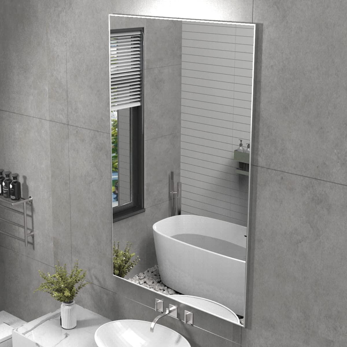 Silver Wall-Mounted Mirror to Hang Horizontal or Vertical for Bedroom and Bathroom