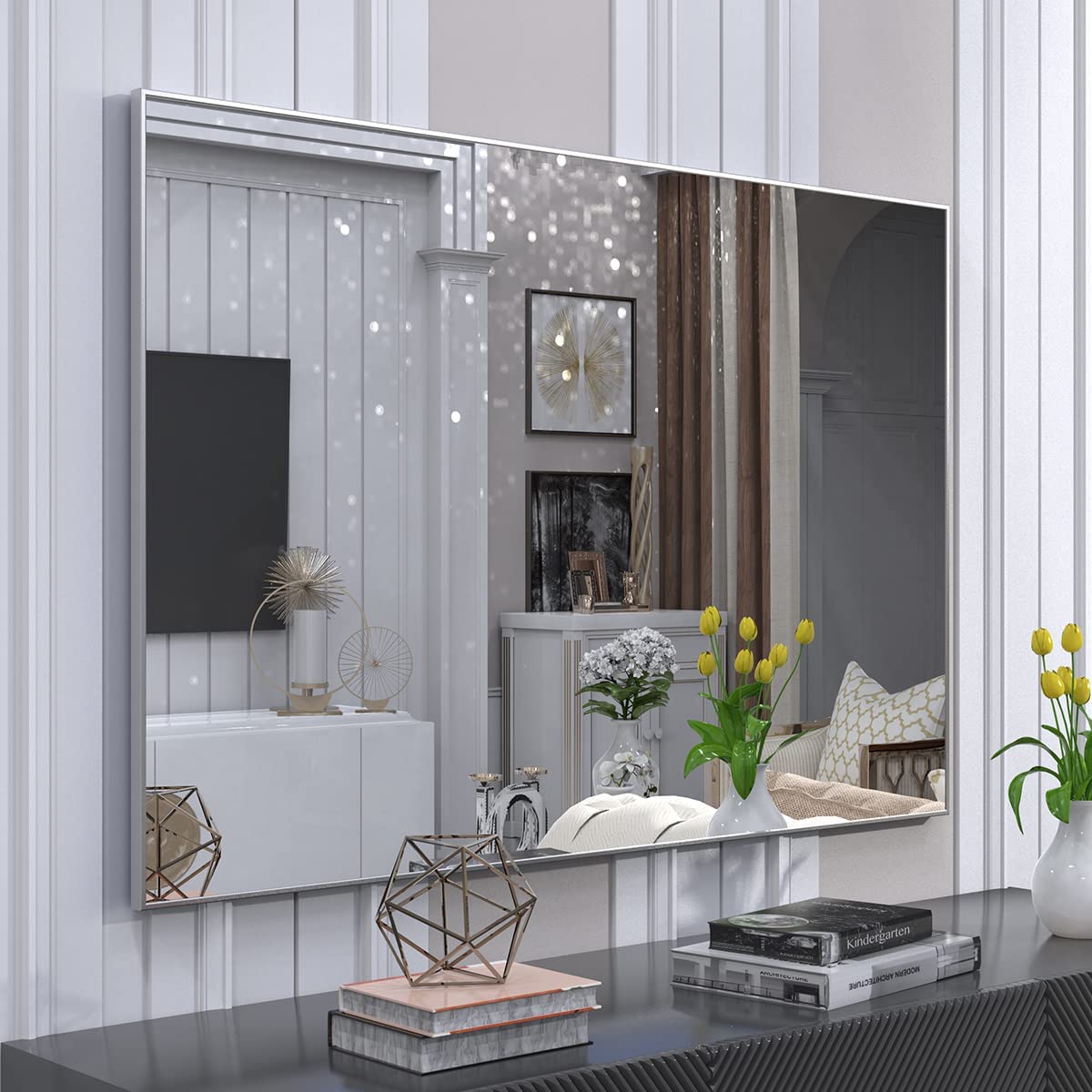 Silver Wall-Mounted Mirror to Hang Horizontal or Vertical for Bedroom and Bathroom