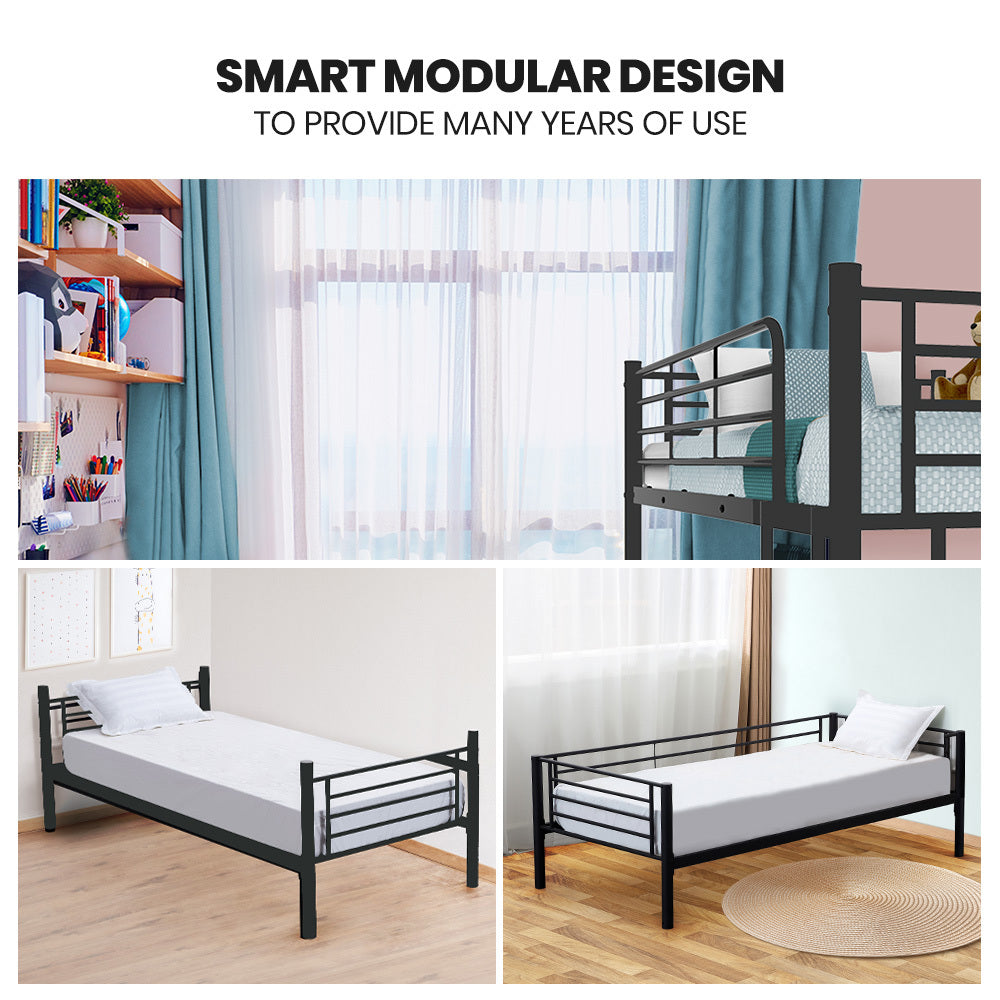King Single Size Slumber 2in1 Metal Bunk Bed Frame, with Modular Design, Dark Matte Grey