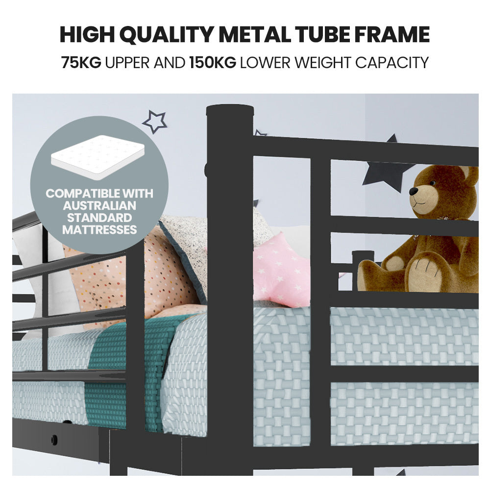 Single Size Slumber Metal over Double Bunk Bed Frame, Dark Matte Grey