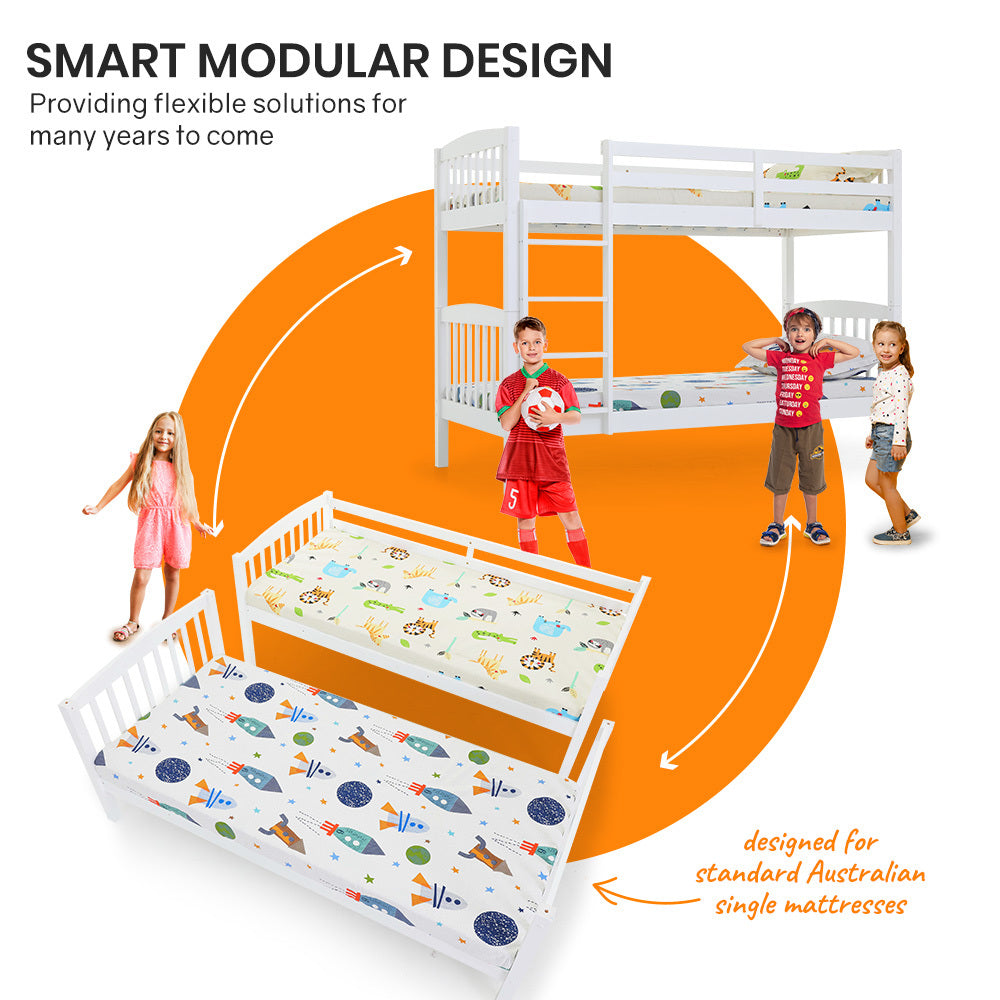 Slumber Wooden Kids Bunk Bed Frame, with Modular Design that can convert to 2 Single, White