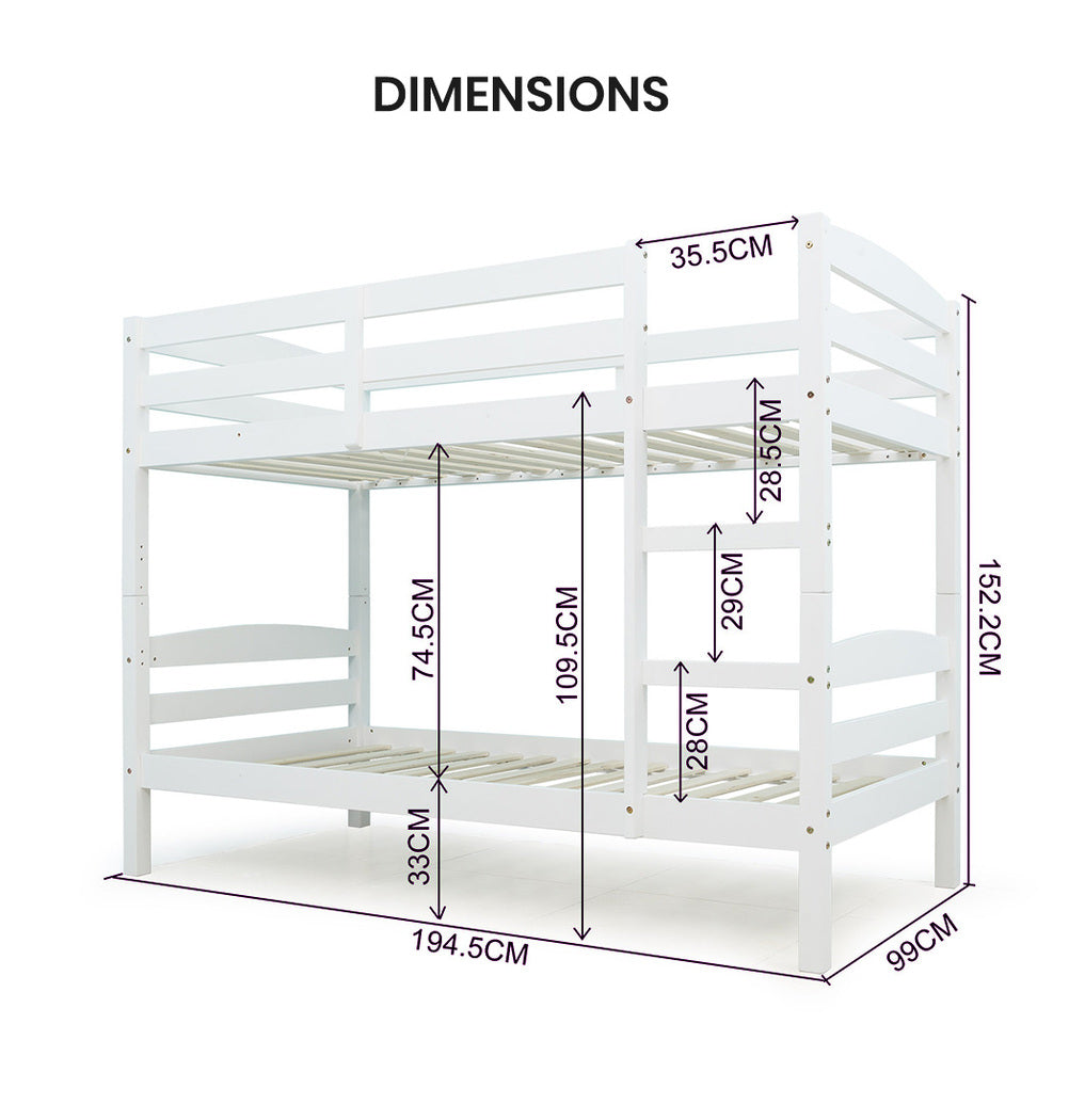 Single Size Slumber Bunk Bed Frame Wooden Kids Timber PIne Wood Loft Children Bedroom Furniture