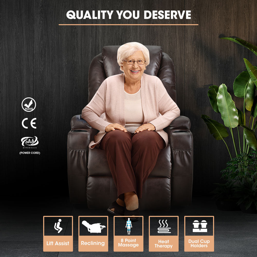 Electric Massage Lift Recliner Chair Faux Leather 8 Point Massage Heating, Dark Crimson