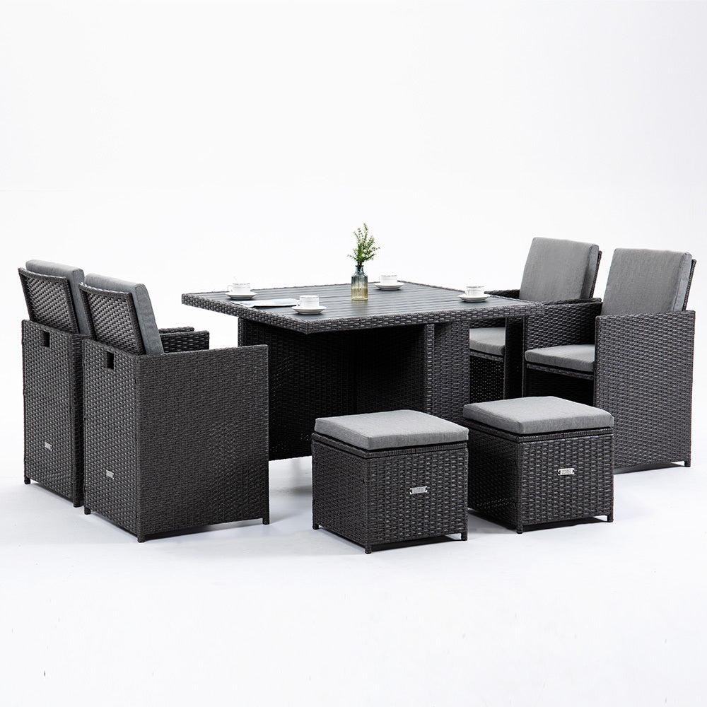 9 Piece Outdoor Dining Table Furniture Wicker Set, Grey
