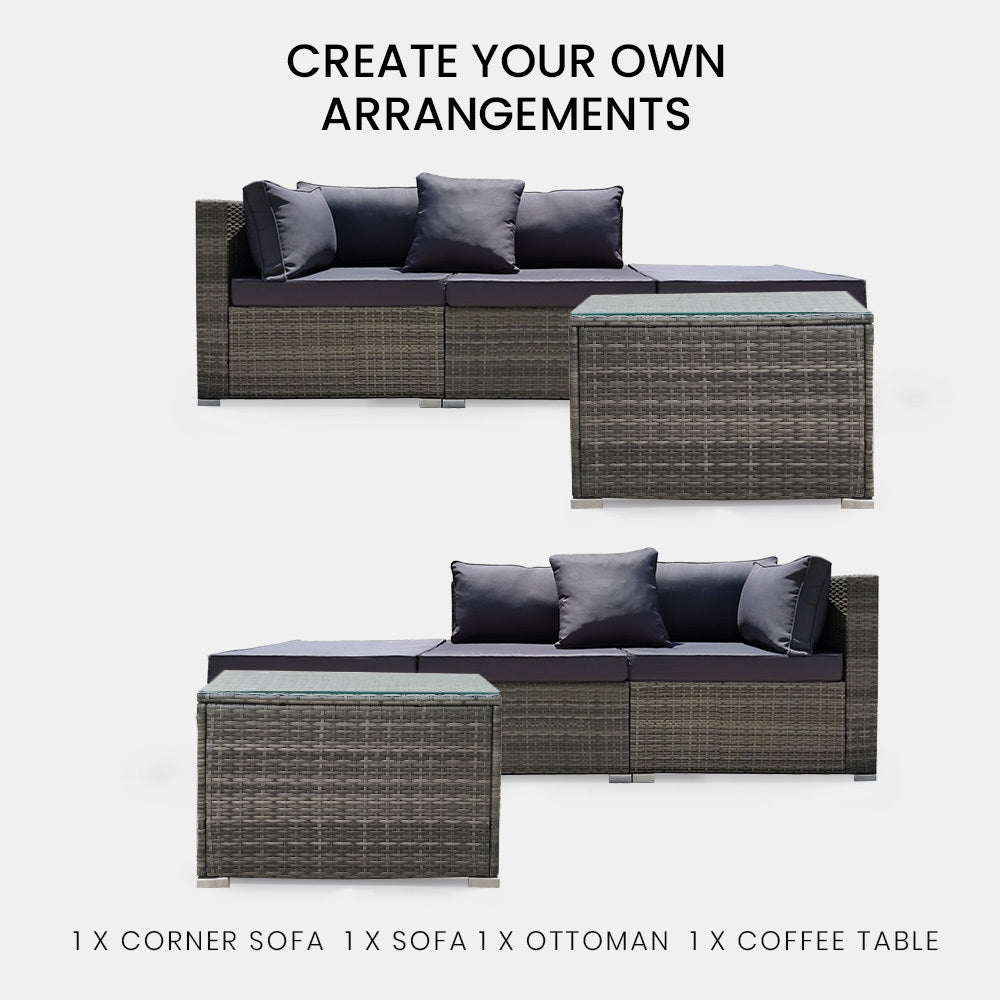 4 Piece 3 Seater Modular Outdoor Lounge Setting incl. Coffee Table, Ottoman, Grey