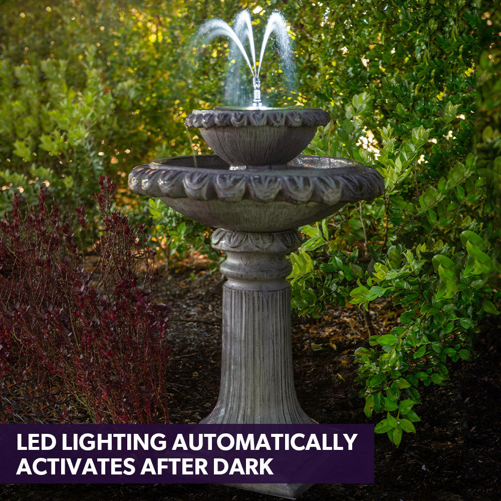 Solar Powered Water Feature Fountain Bird Bath with Lighting Light Grey