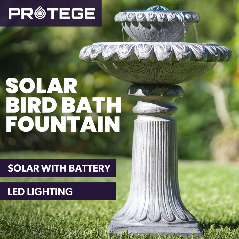 Solar Powered Water Feature Fountain Bird Bath with Lighting Light Grey