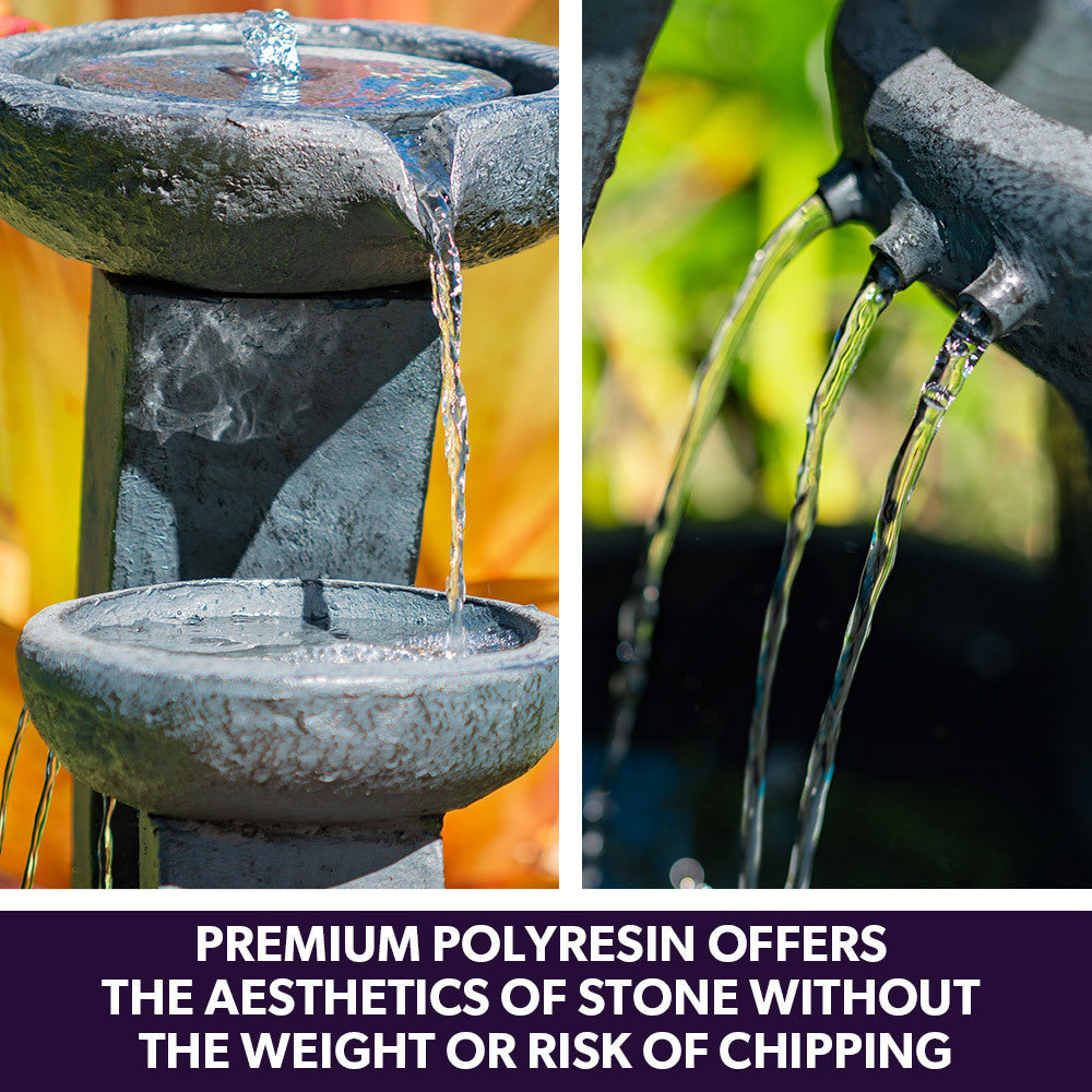 Solar Fountain Water Feature Outdoor Bird Bath with LED Lights - Charcoal