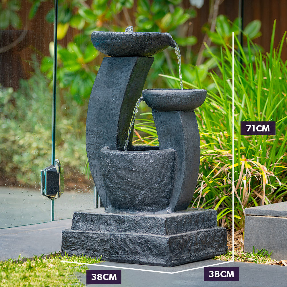 Solar Fountain Water Feature Outdoor Bird Bath with LED Lights - Charcoal