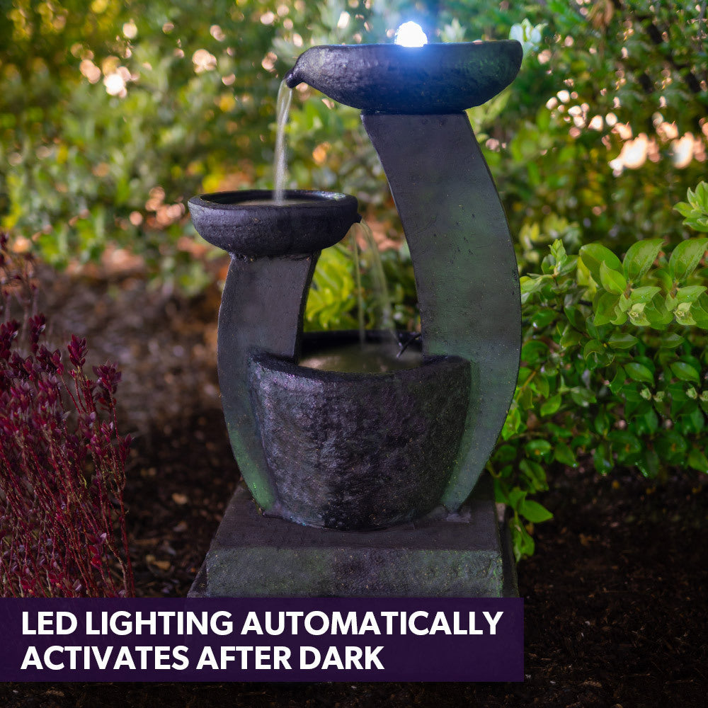 Solar Fountain Water Feature Outdoor Bird Bath with LED Lights - Charcoal