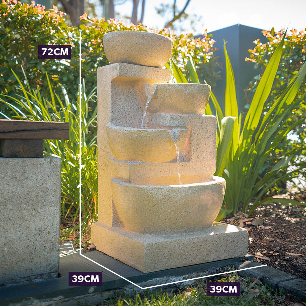 Solar Fountain Water Feature Outdoor 4 Bowl with LED Lights - Sand Colour