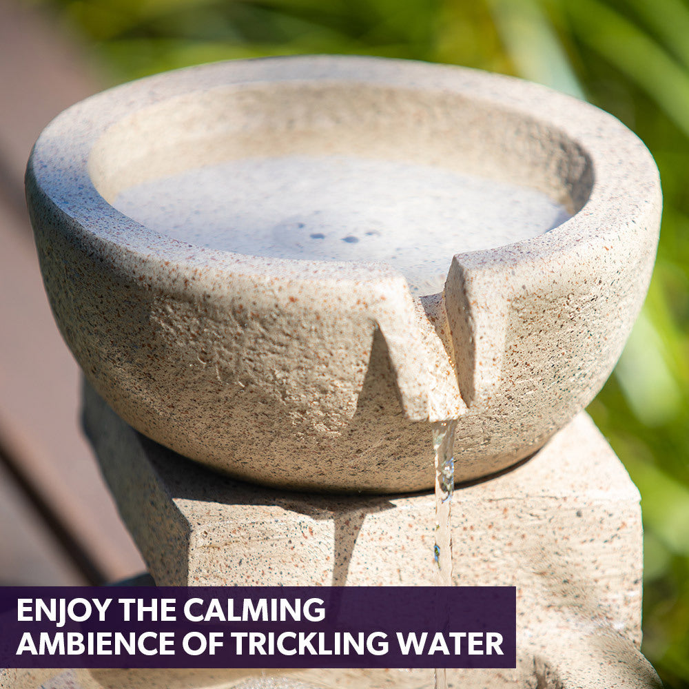 Solar Fountain Water Feature Outdoor 4 Bowl with LED Lights - Sand Colour