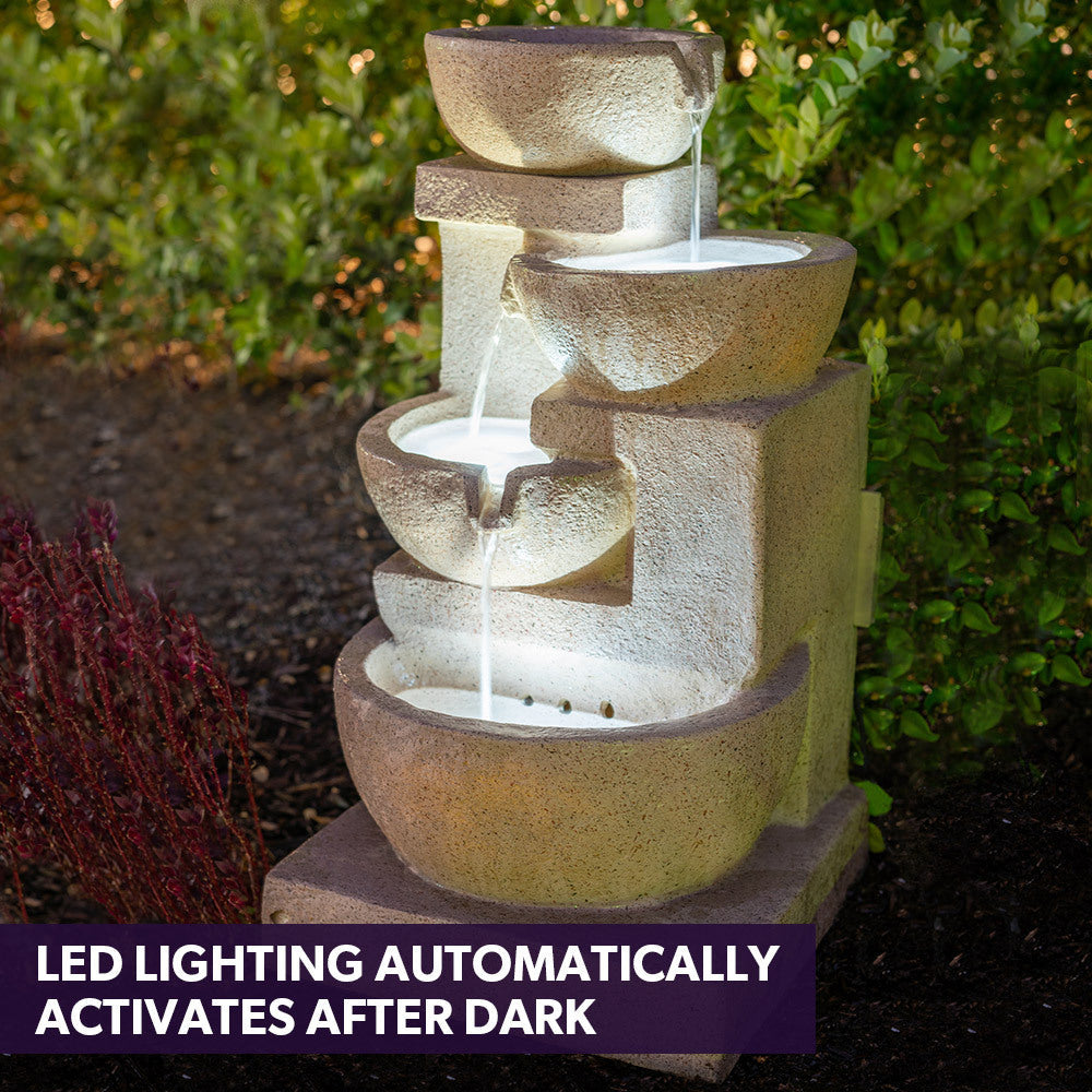 Solar Fountain Water Feature Outdoor 4 Bowl with LED Lights - Sand Colour