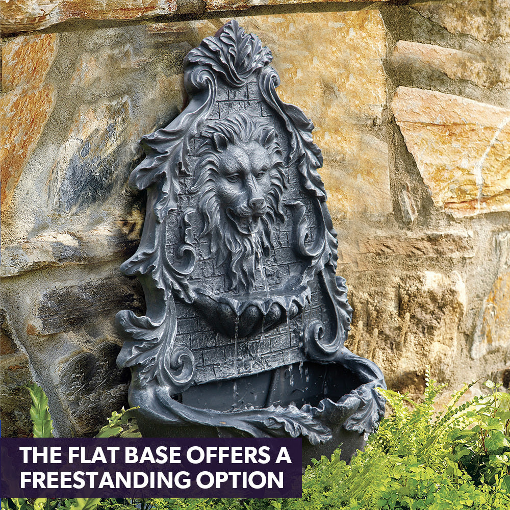 Lion Head Solar Powered Water Feature Fountain, Wall Mount or Freestanding with Lighting