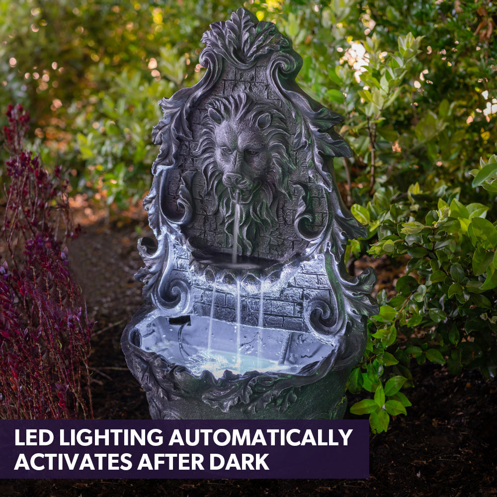 Lion Head Solar Powered Water Feature Fountain, Wall Mount or Freestanding with Lighting