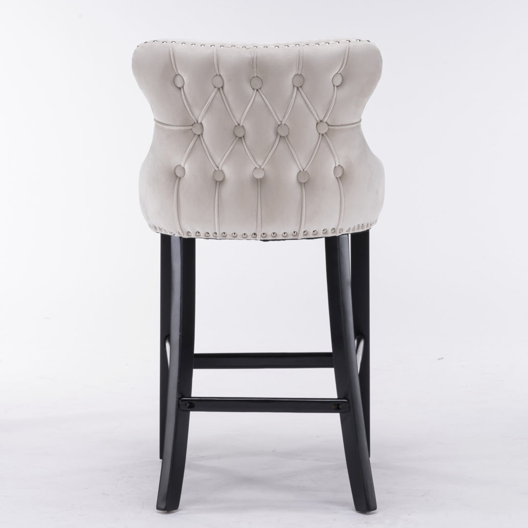 2 x Velvet Upholstered Button Tufted Bar Stools with Wood Legs and Studs-Beige