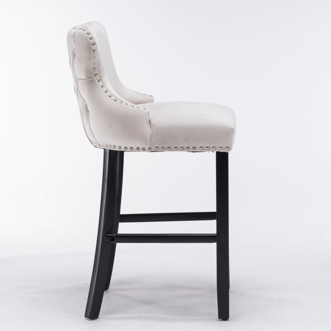 2 x Velvet Upholstered Button Tufted Bar Stools with Wood Legs and Studs-Beige