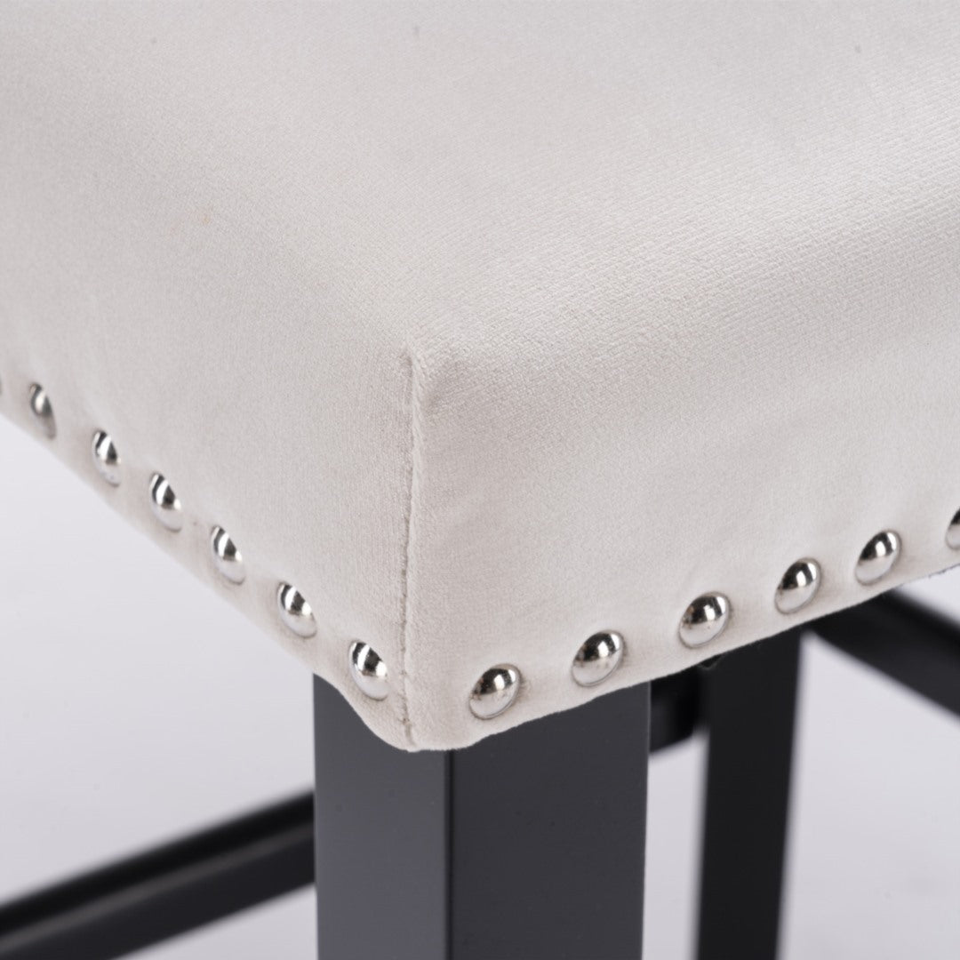 2 x Velvet Upholstered Button Tufted Bar Stools with Wood Legs and Studs-Beige