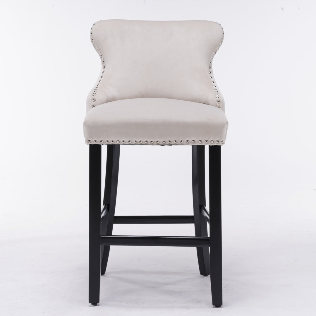 2 x Velvet Upholstered Button Tufted Bar Stools with Wood Legs and Studs-Beige