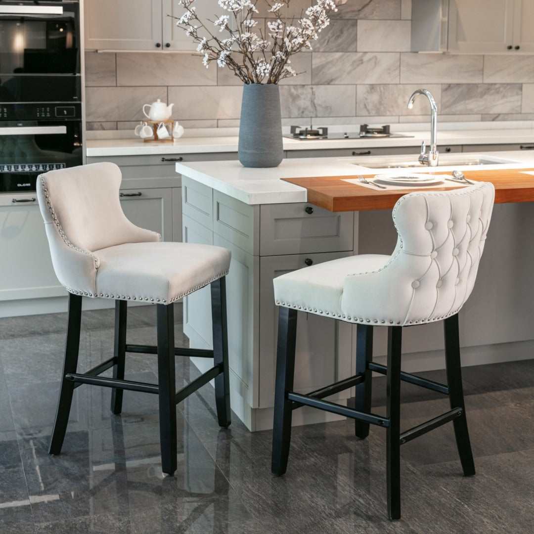 2 x Velvet Upholstered Button Tufted Bar Stools with Wood Legs and Studs-Beige