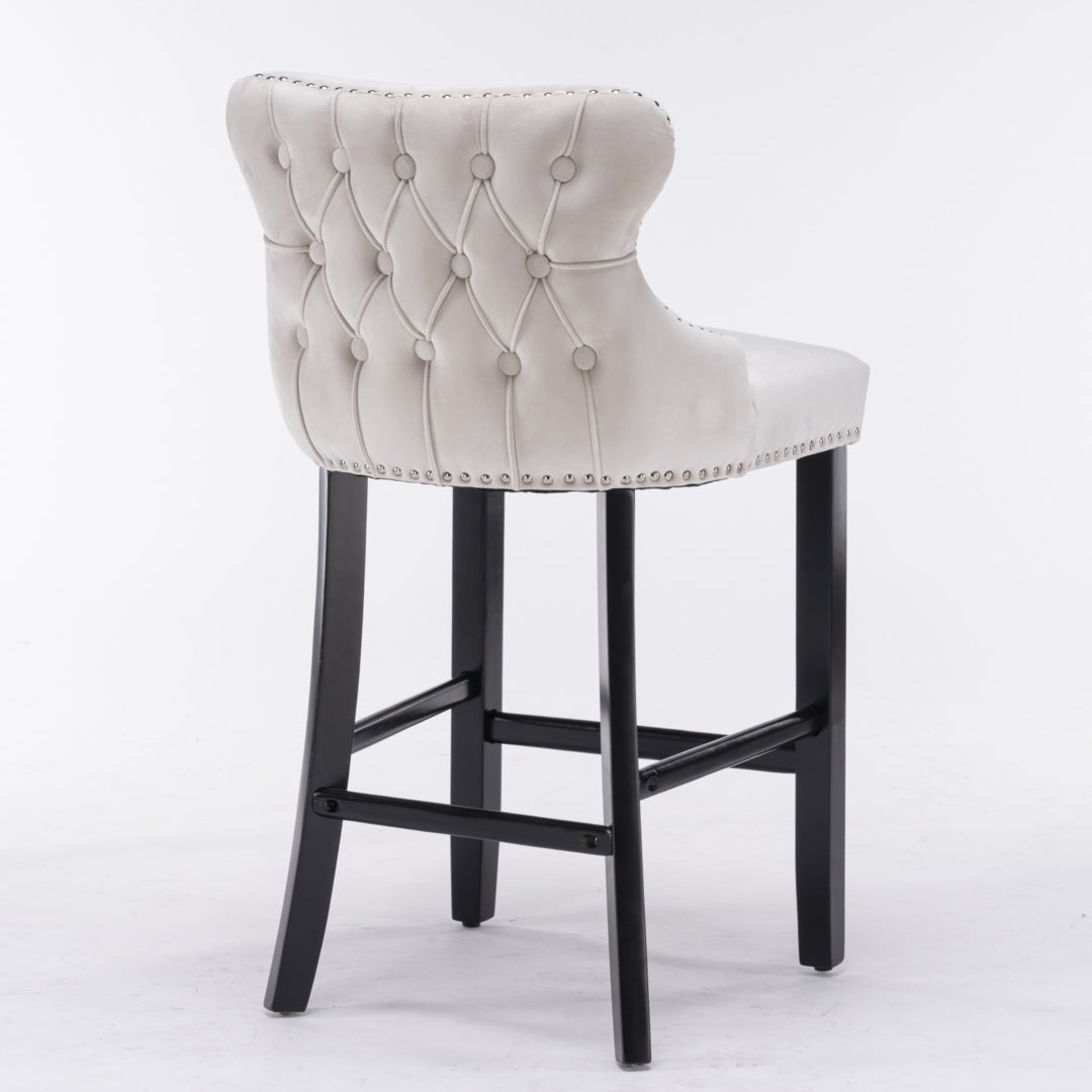 2 x Velvet Upholstered Button Tufted Bar Stools with Wood Legs and Studs-Beige