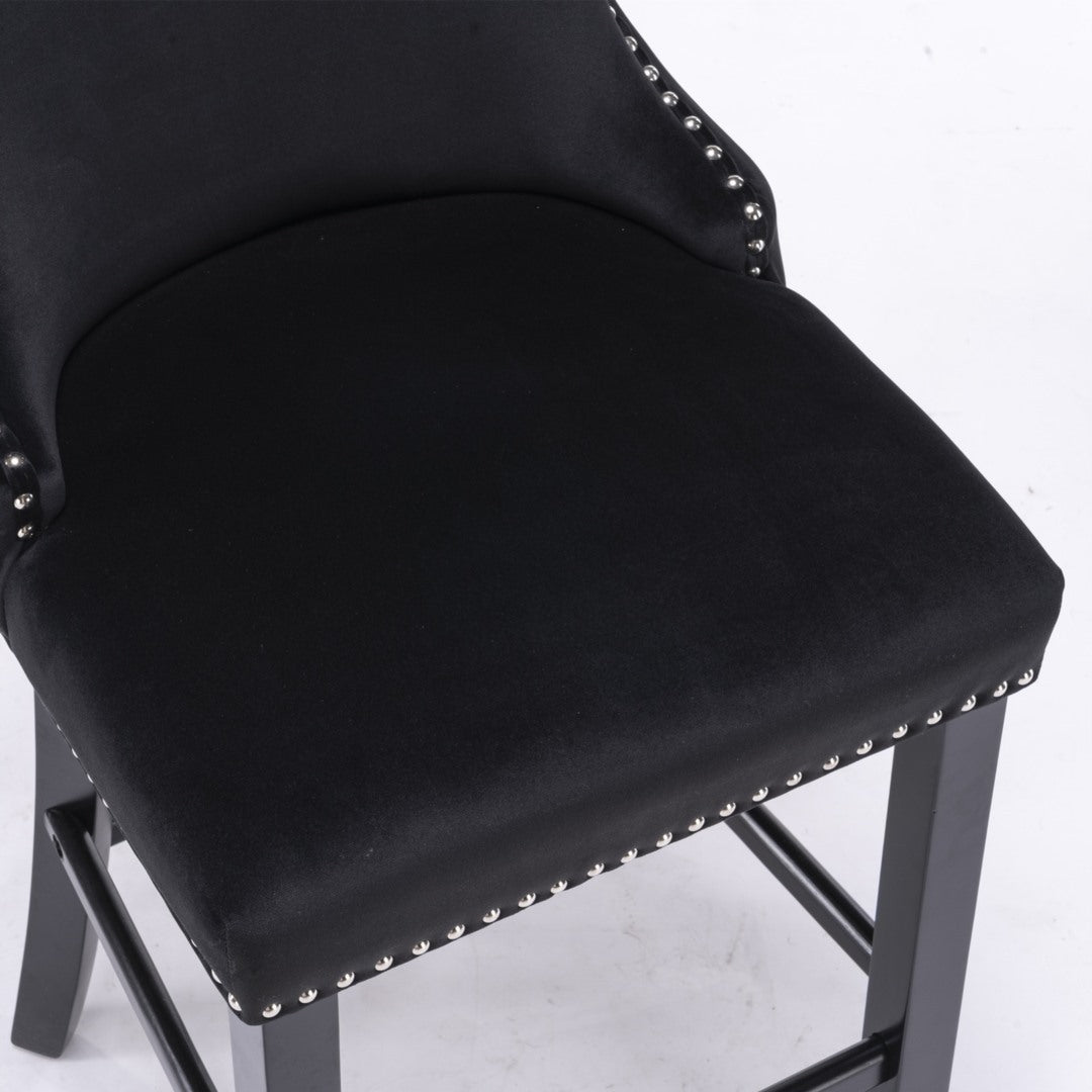 2 x Velvet Upholstered Button Tufted Bar Stools with Wood Legs and Studs-Black