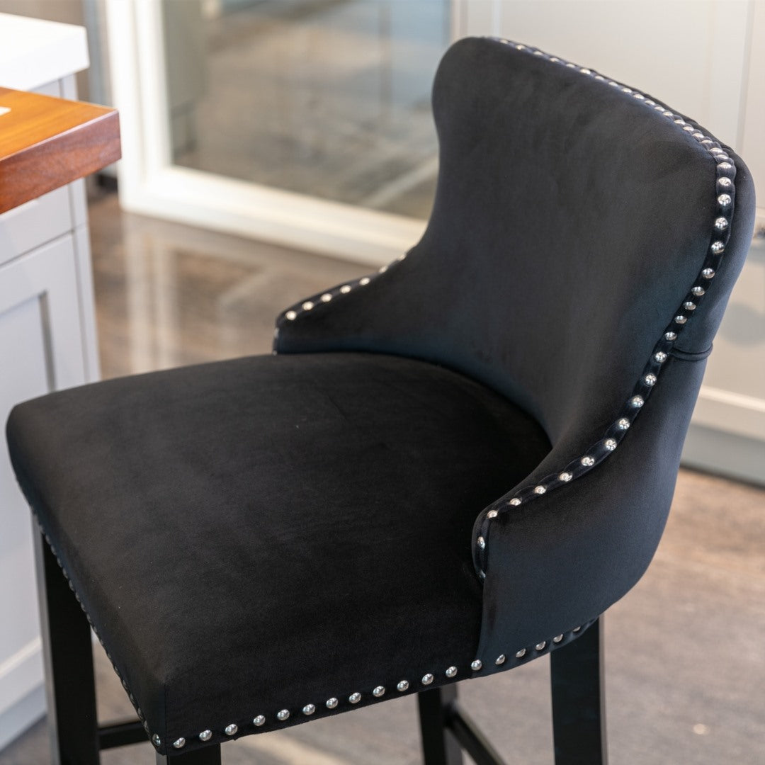 2 x Velvet Upholstered Button Tufted Bar Stools with Wood Legs and Studs-Black