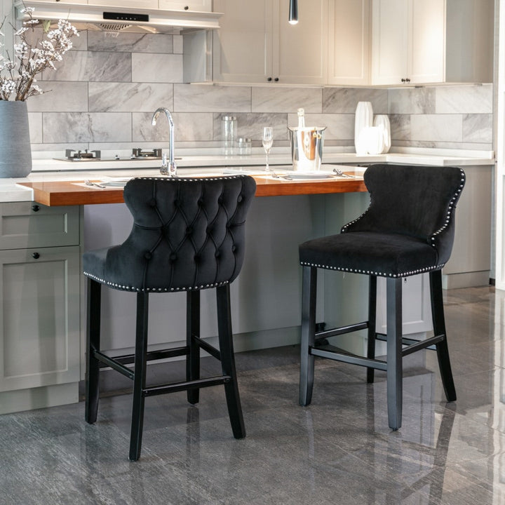 2 x Velvet Upholstered Button Tufted Bar Stools with Wood Legs and Studs-Black