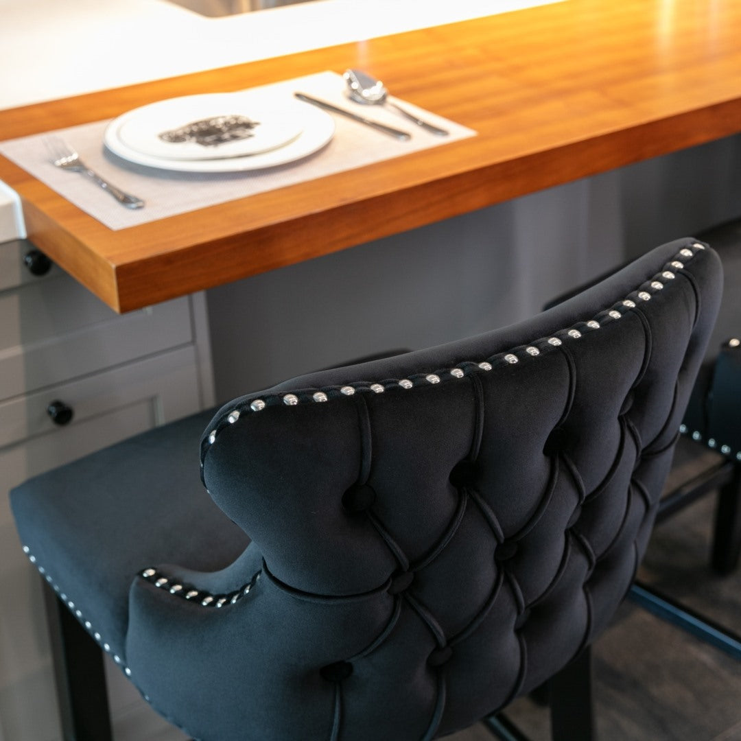2 x Velvet Upholstered Button Tufted Bar Stools with Wood Legs and Studs-Black