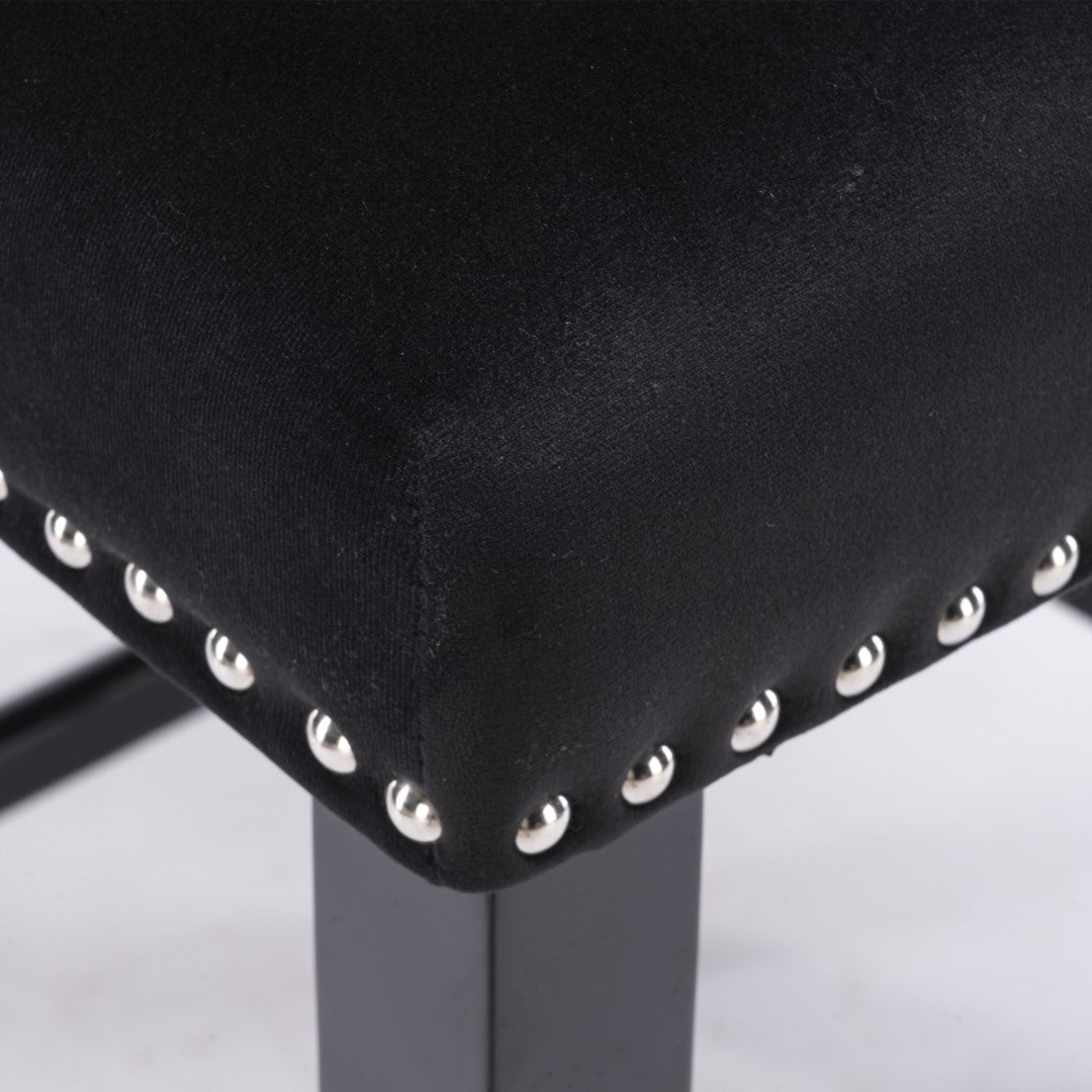 2 x Velvet Upholstered Button Tufted Bar Stools with Wood Legs and Studs-Black