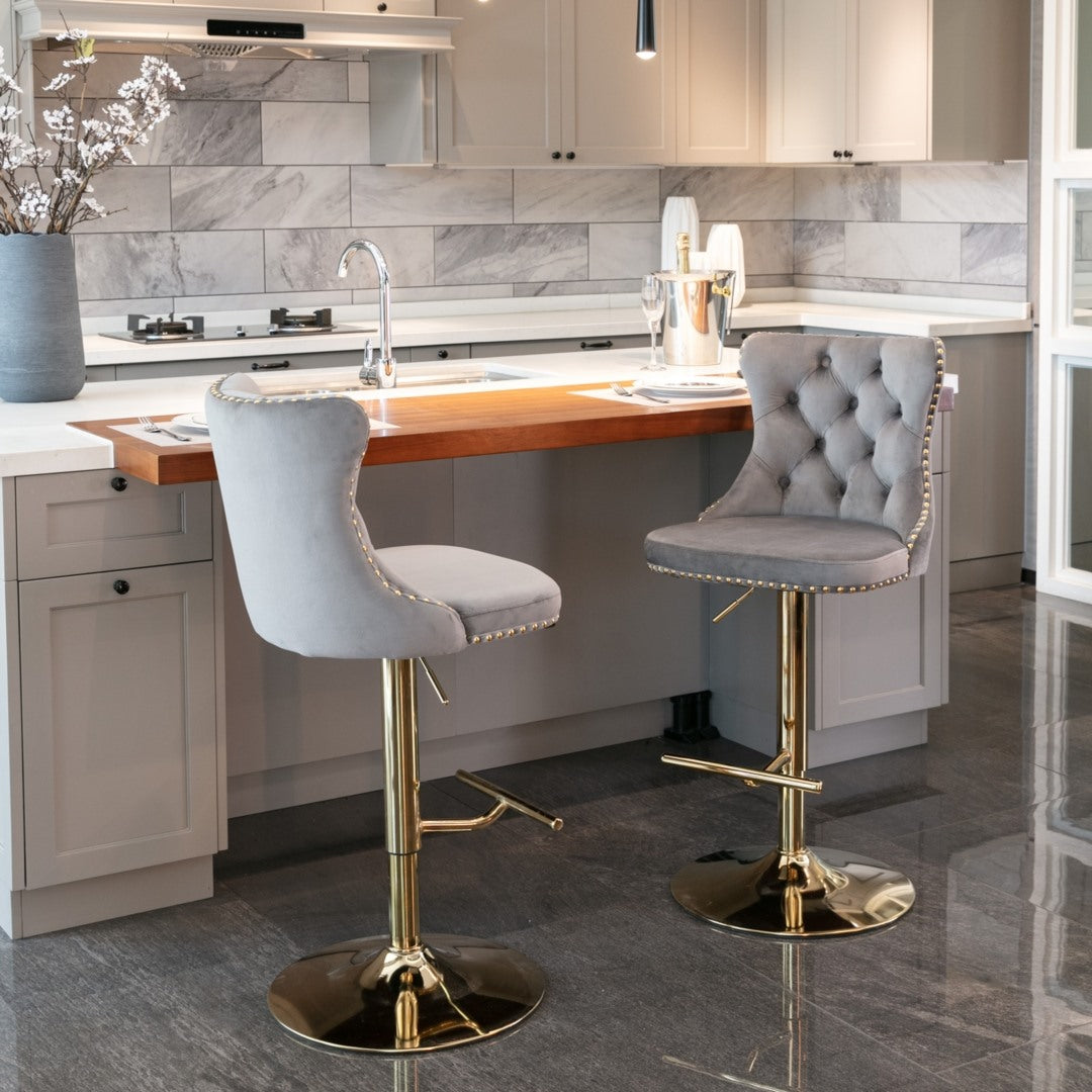 2x Height Adjustable Swivel Bar Stool with Footrest and Golden Base- Grey