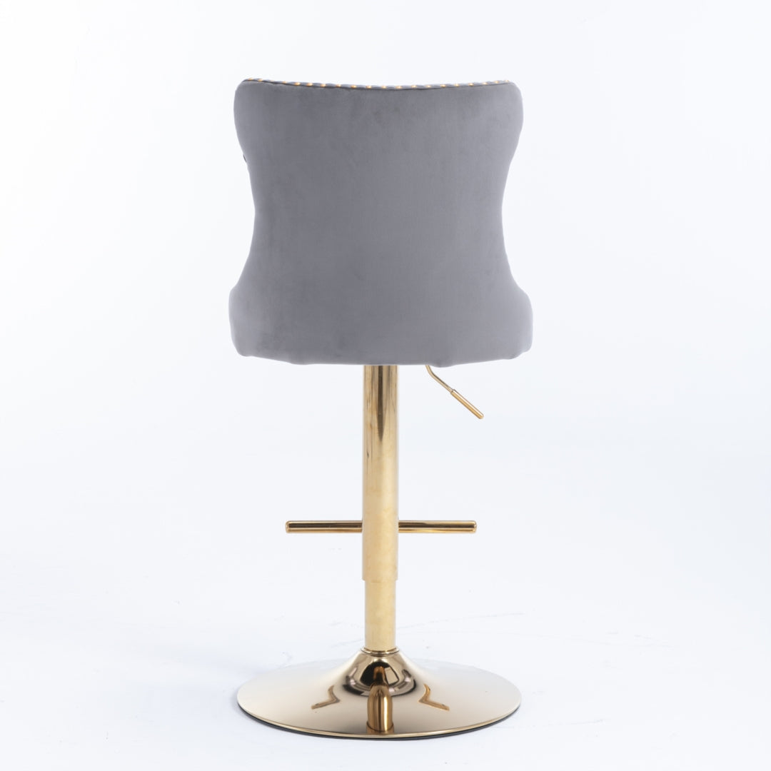 2x Height Adjustable Swivel Bar Stool with Footrest and Golden Base- Grey